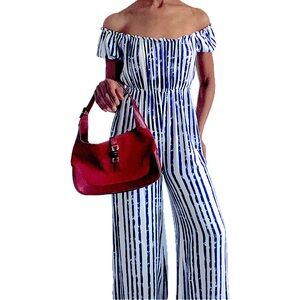 VALENTINE STRIPE OFF THE SHOULDER JUMPSUIT, BLUE & WHITE, SIZE: SMALL